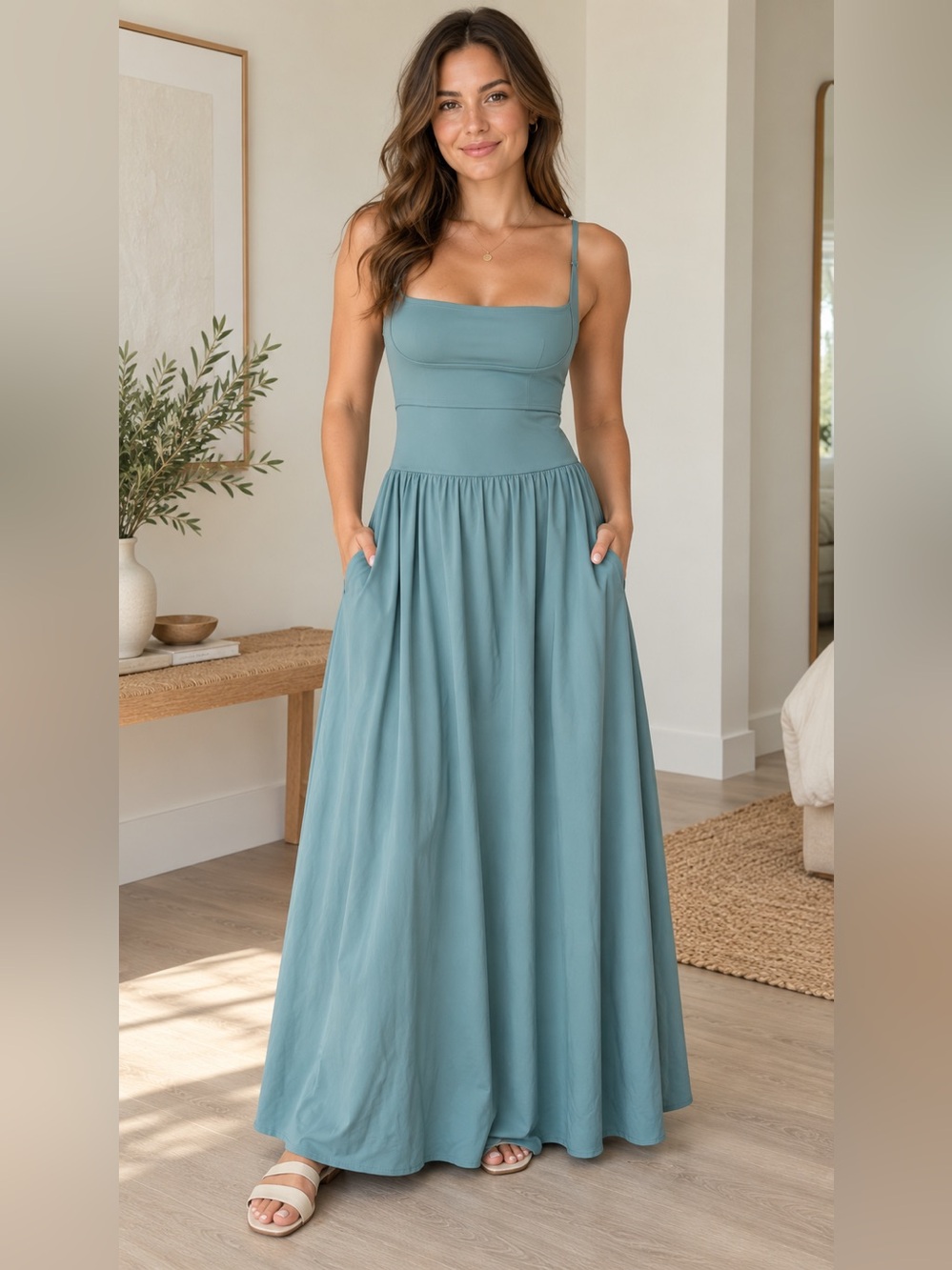 NWT Halara Breezeful Stone Blue Flowy Maxi Active Dress Pockets Medium Stretch